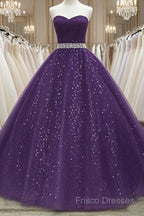 Beautiful Shiny Purple Tulle Beaded Ball Gonw Party Dress, Purple Formal Prom Dress