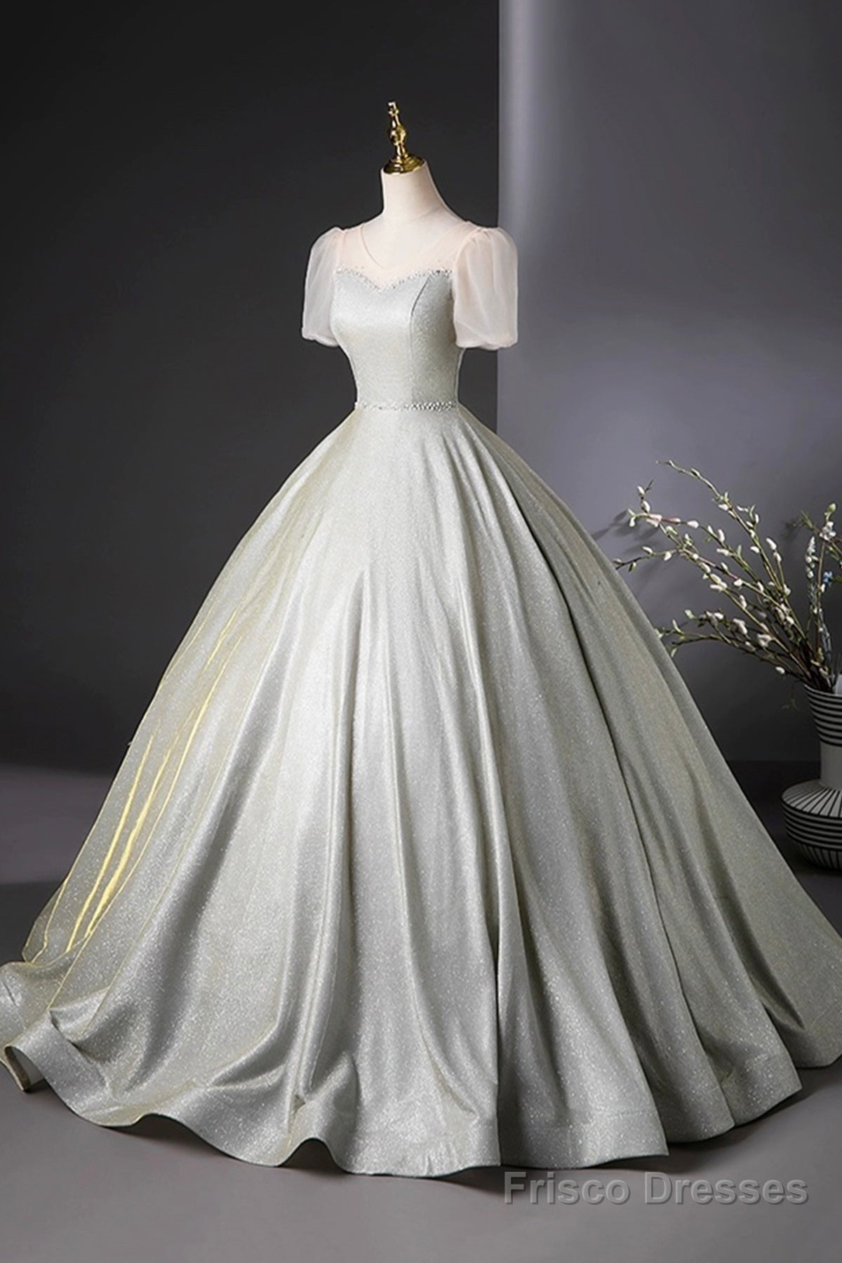 Beautiful Silver Glitter Floor Length Prom Dress, A-Line Short Sleeve Evening Party Dress Secondary image