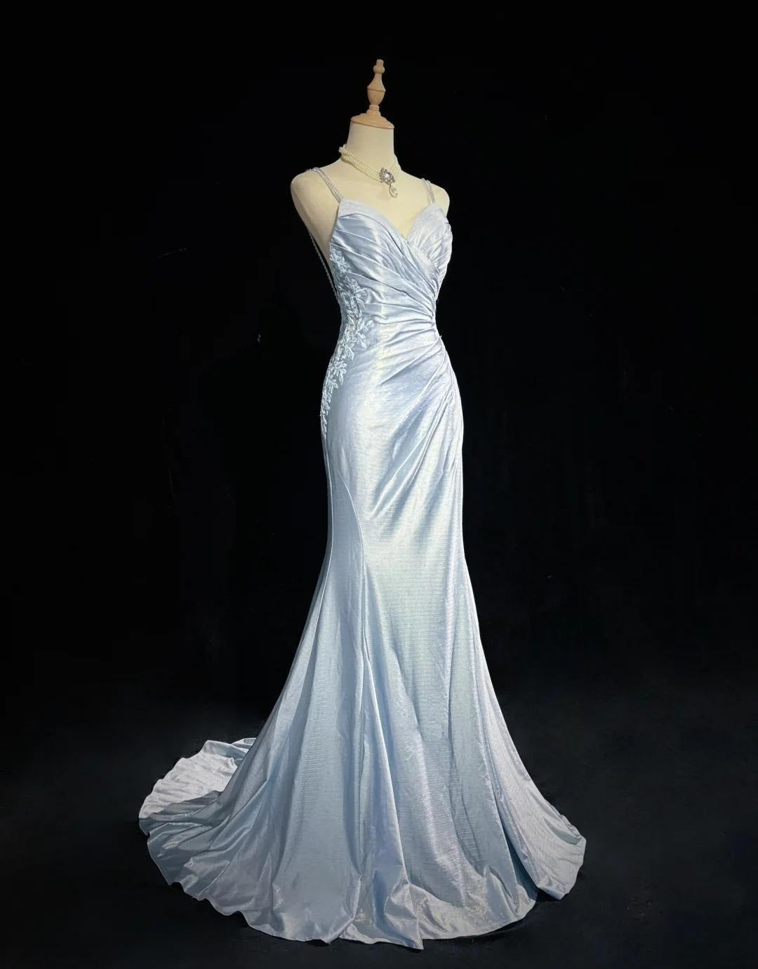 Beautiful Spaghetti Strap Mermaid Glitter Satin Long Prom Backless Applique Evening Gown Simple Wedding Dress Secondary image