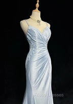 Beautiful Spaghetti Strap Mermaid Glitter Satin Long Formal Prom Backless Applique Evening Gown Simple Wedding Dress