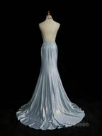 Beautiful Spaghetti Strap Mermaid Glitter Satin Long Formal Prom Backless Applique Evening Gown Simple Wedding Dress