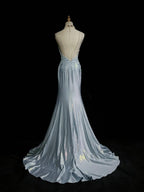Beautiful Spaghetti Strap Mermaid Glitter Satin Long Prom Backless Applique Evening Gown Simple Wedding Dress