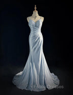 Beautiful Spaghetti Strap Mermaid Glitter Satin Long Formal Prom Backless Applique Evening Gown Simple Wedding Dress