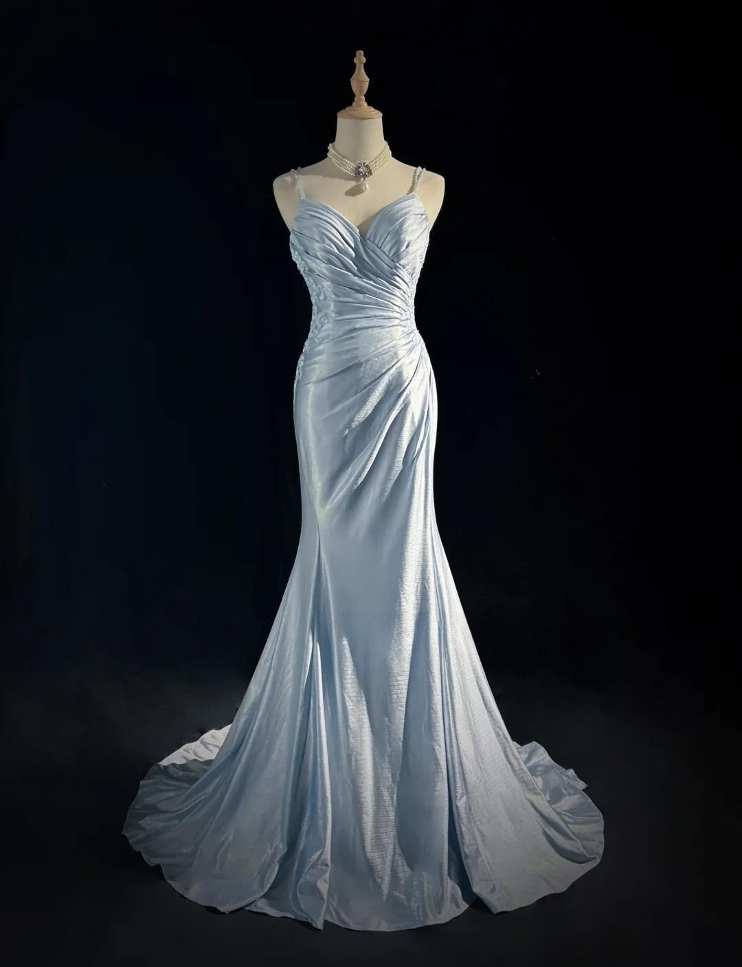 Beautiful Spaghetti Strap Mermaid Glitter Satin Long Prom Backless Applique Evening Gown Simple Wedding Dress Main image