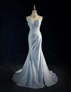 Beautiful Spaghetti Strap Mermaid Glitter Satin Long Prom Backless Applique Evening Gown Simple Wedding Dress