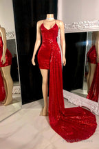 Beautiful Spaghetti Strap Sleeveless Mini Prom Dress With Train