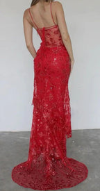 Beautiful Spaghetti Straps Birthday Party Dresses Red Lace Prom Dresses