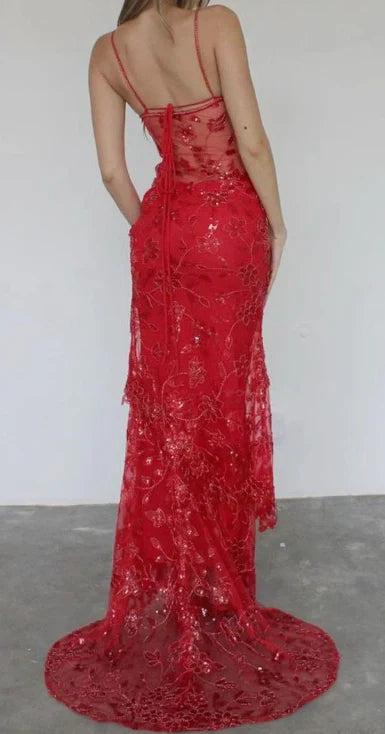 Beautiful Spaghetti Straps Birthday Party Dresses Red Lace Prom Dresses