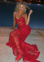 Beautiful Spaghetti Straps Birthday Party Dresses Red Lace Prom Dresses