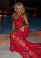 Beautiful Spaghetti Straps Birthday Party Dresses Red Lace Prom Dresses