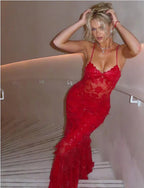 Beautiful Spaghetti Straps Birthday Party Dresses Red Lace Prom Dresses