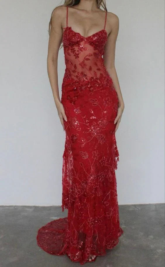 Beautiful Spaghetti Straps Birthday Party Dresses Red Lace Prom Dresses Main image