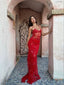 Beautiful Spaghetti Straps Birthday Party Dresses Red Lace Prom Dresses