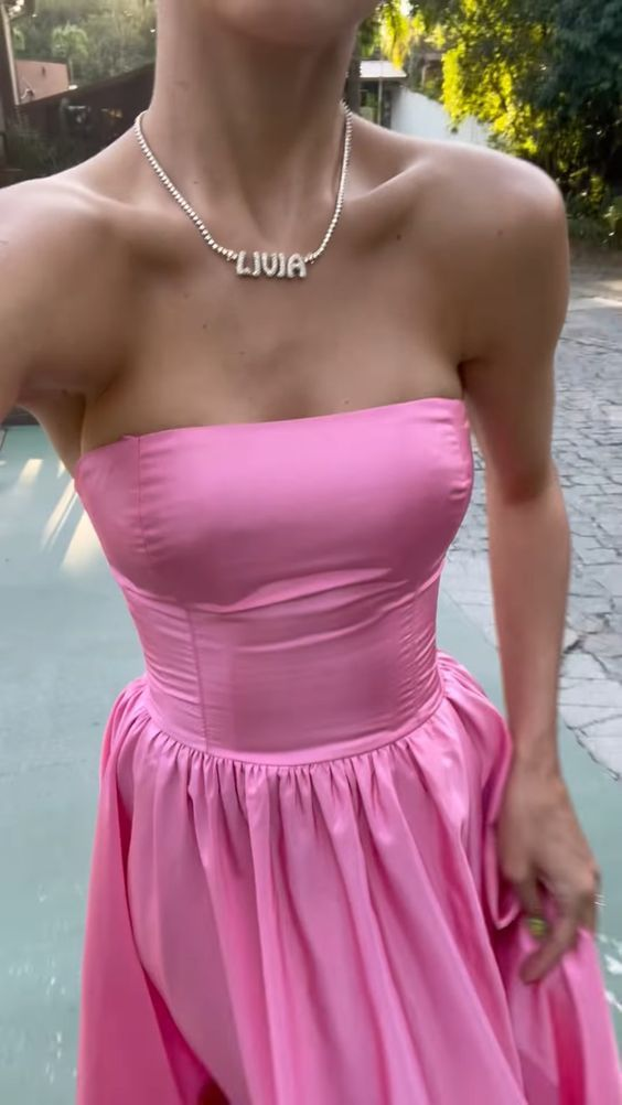 Classic Pink A-Line Strapless Side Slit Long Party Prom Dresses