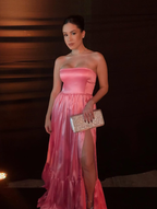 Classic Pink A-Line Strapless Side Slit Long Party Prom Dresses