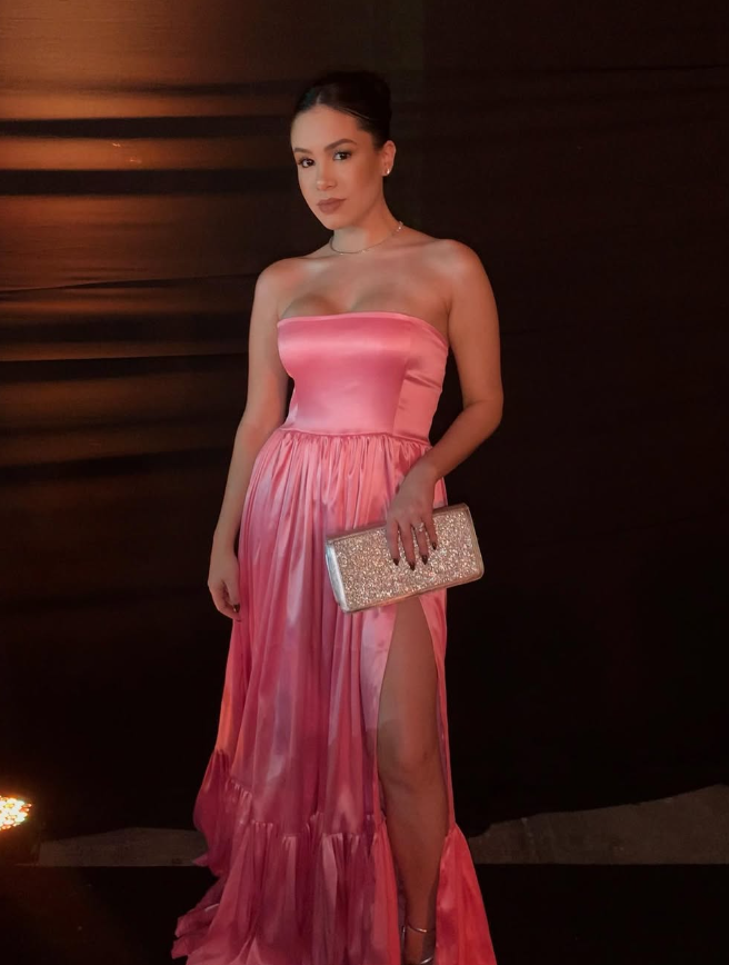 Classic Pink A-Line Strapless Side Slit Long Party Prom Dresses