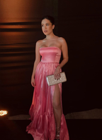 Classic Pink A-Line Strapless Side Slit Long Party Prom Dresses