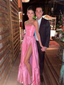 Classic Pink A-Line Strapless Side Slit Long Party Prom Dresses