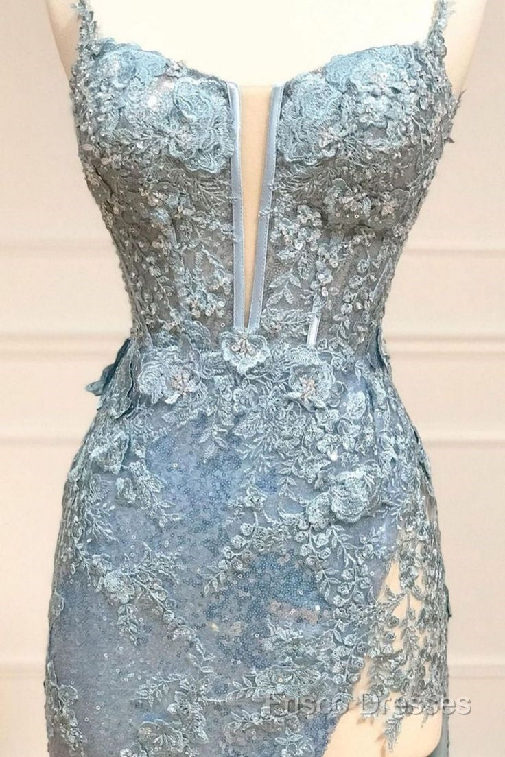 Beautiful Tiffany Blue Spaghetti Straps Tulle Applique Long Formal Prom Dress Sequined Formal Dress With Slits