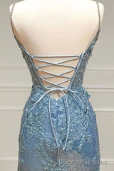 Beautiful Tiffany Blue Spaghetti Straps Tulle Applique Long Prom Dress Sequined Evening Dress with Slits