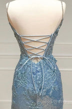 Beautiful Tiffany Blue Spaghetti Straps Tulle Applique Long Formal Prom Dress Sequined Formal Dress With Slits