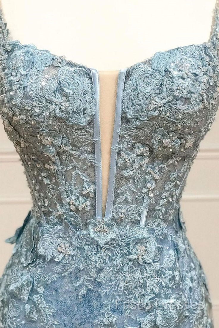 Beautiful Tiffany Blue Spaghetti Straps Tulle Applique Long Formal Prom Dress Sequined Formal Dress With Slits