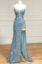 Beautiful Tiffany Blue Spaghetti Straps Tulle Applique Long Formal Prom Dress Sequined Formal Dress With Slits