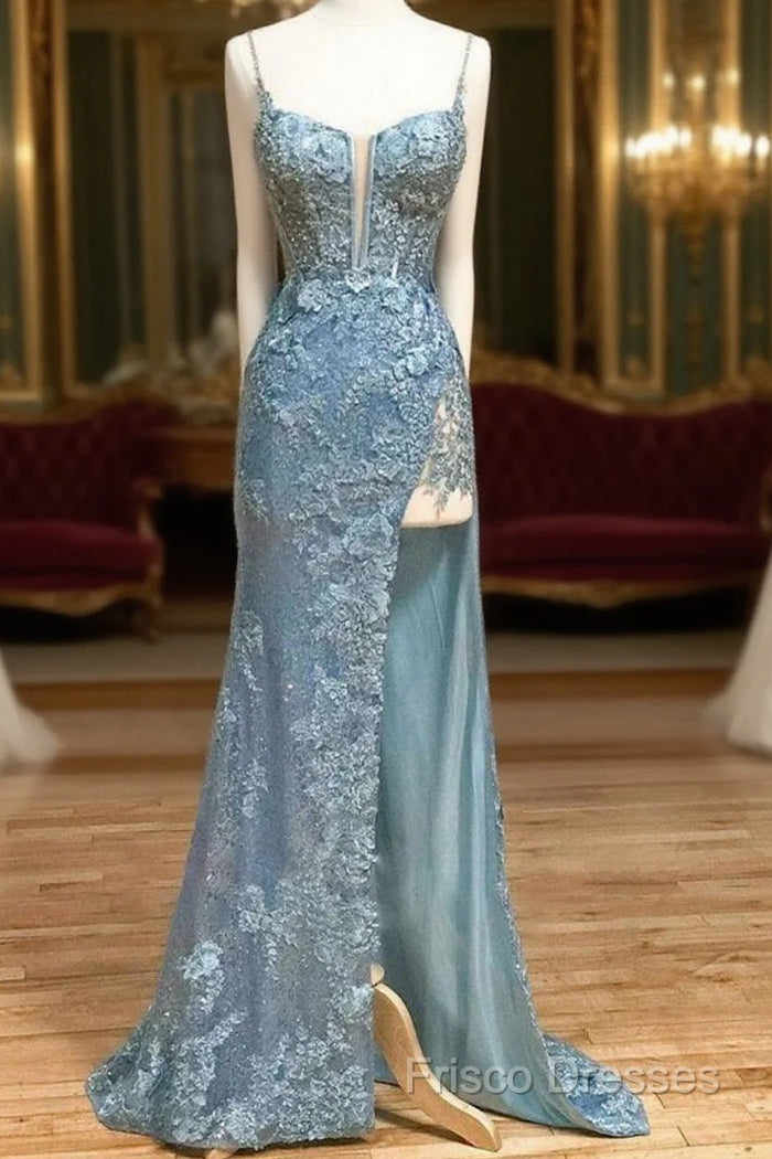 Beautiful Tiffany Blue Spaghetti Straps Tulle Applique Long Formal Prom Dress Sequined Formal Dress With Slits Main image