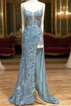 Beautiful Tiffany Blue Spaghetti Straps Tulle Applique Long Formal Prom Dress Sequined Formal Dress With Slits