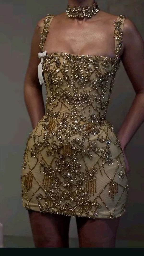 Beautiful Tight Square Neck Sleeveless Gold Short Formal 8Th Grade Homecoming Dress Summer Middle School Hoco Dress Homecoming Outfit