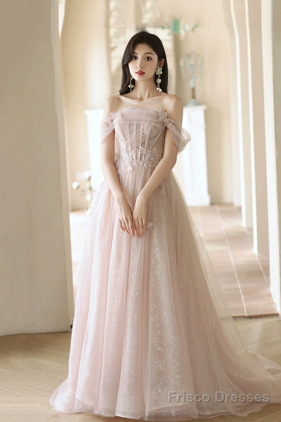 Beautiful Tulle Beaded Long Prom Dress, Light Pink Tulle Evening Dress