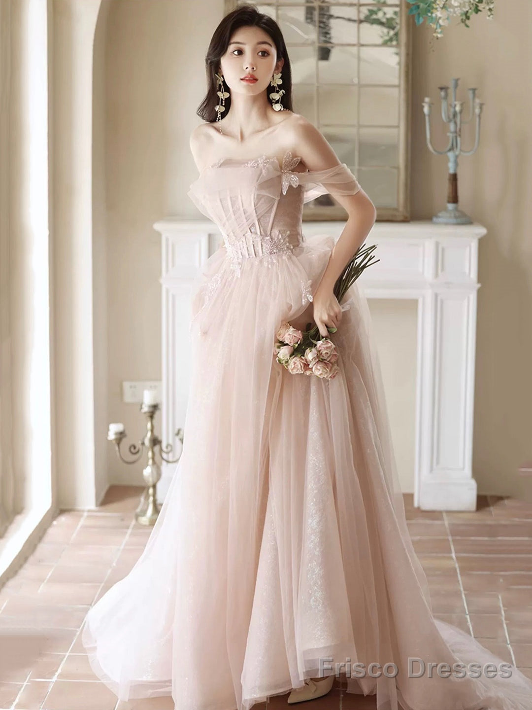 Beautiful Tulle Beaded Long Prom Dress, Light Pink Tulle Evening Dress Main image