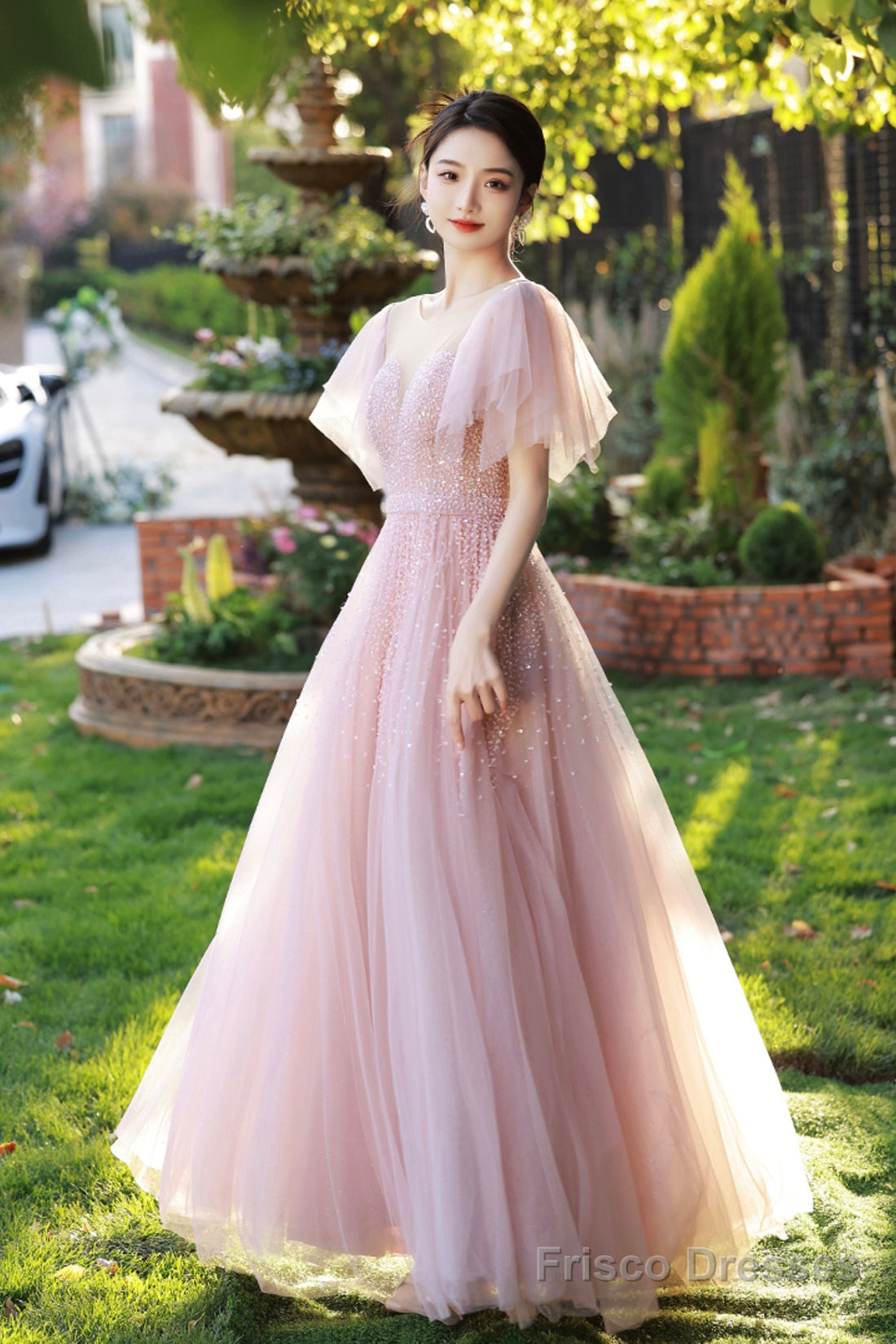 Pink Sweetheart Lace and Beaded Long Prom Dress, Pink Tulle Evening Dress