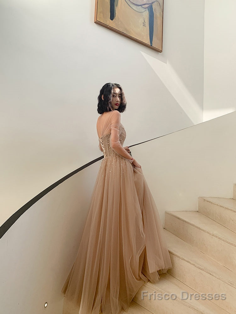 Beautiful Tulle Beaded Long Sleeves Prom Dresses, A-Line Champagne Evening Gown Secondary image
