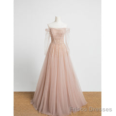 Beautiful Tulle Beaded Long Sleeves Prom Dresses, A-Line Champagne Evening Gown
