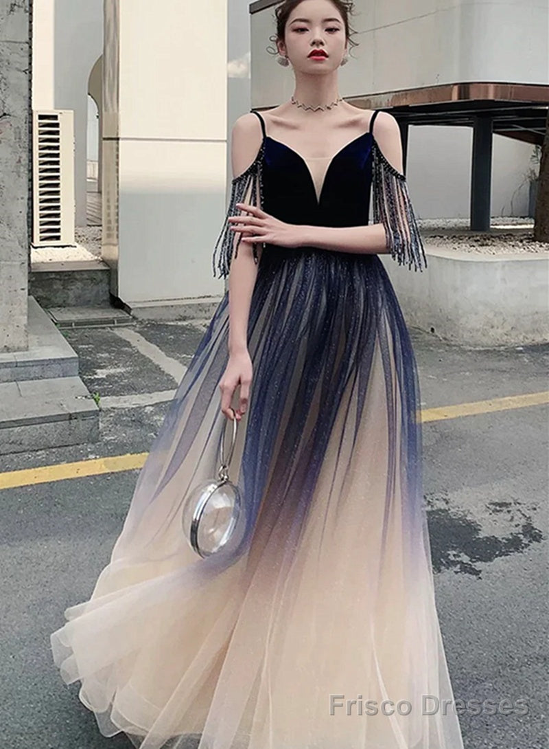 Beautiful Tulle Blue Gradient V-Neckline Straps Prom Dress, A-Line Tulle Formal Dress Main image