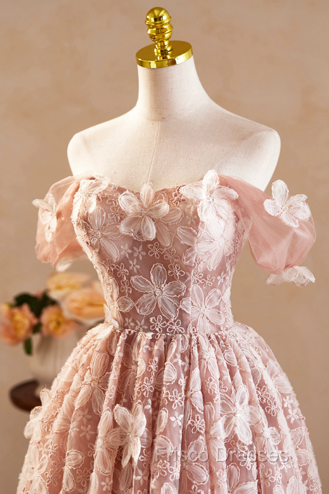 Beautiful Tulle Flower Knee Length Formal Prom Dress, Off the Shoulder Short Sleeve Evening Party Dress Secondary image