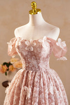 Beautiful Tulle Flower Knee Length Formal Prom Dress, Off the Shoulder Short Sleeve Evening Party Dress
