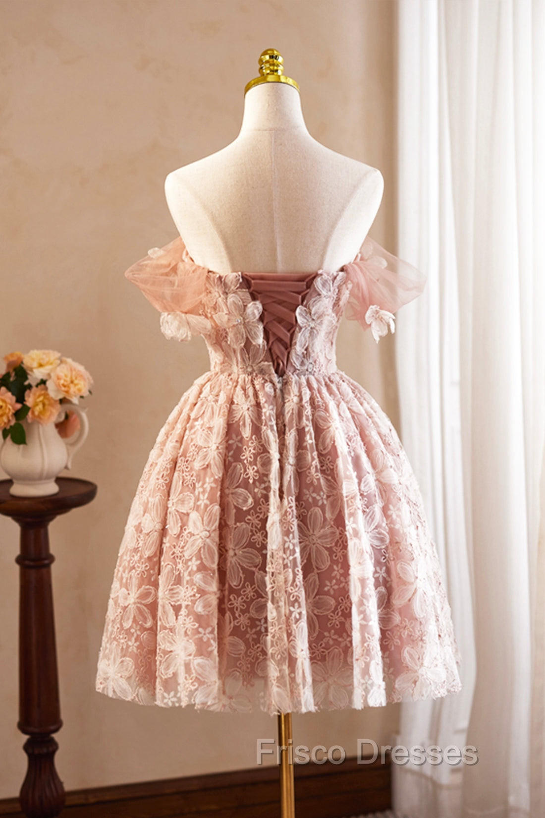 Beautiful Tulle Flower Knee Length Formal Prom Dress, Off the Shoulder Short Sleeve Evening Party Dress