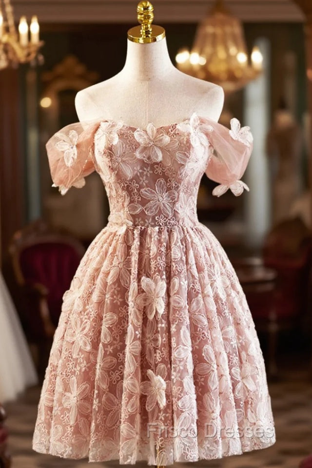 Beautiful Tulle Flower Knee Length Formal Prom Dress, Off the Shoulder Short Sleeve Evening Party Dress Main image