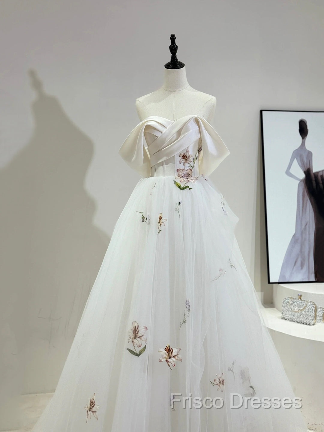 Beautiful Tulle Lace Long Formal Prom Dress, Off The Shoulder Formal Party Dress