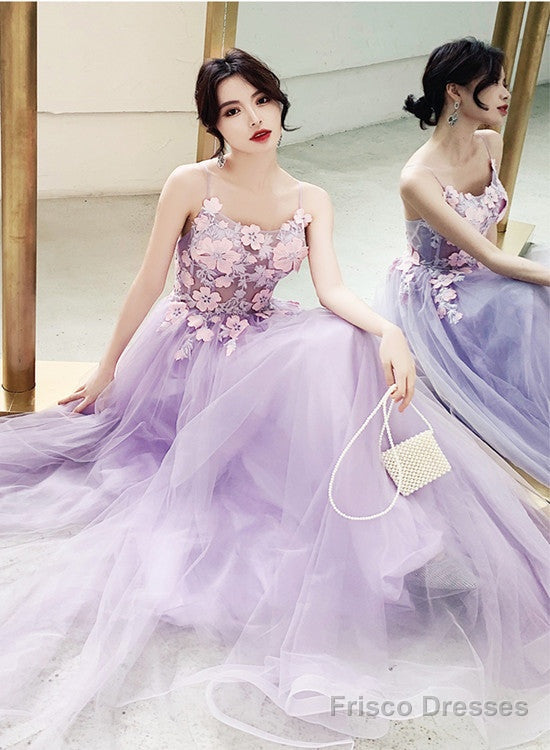 Beautiful Tulle Lavender Straps Prom Dress, A-Line Evening Dress Main image