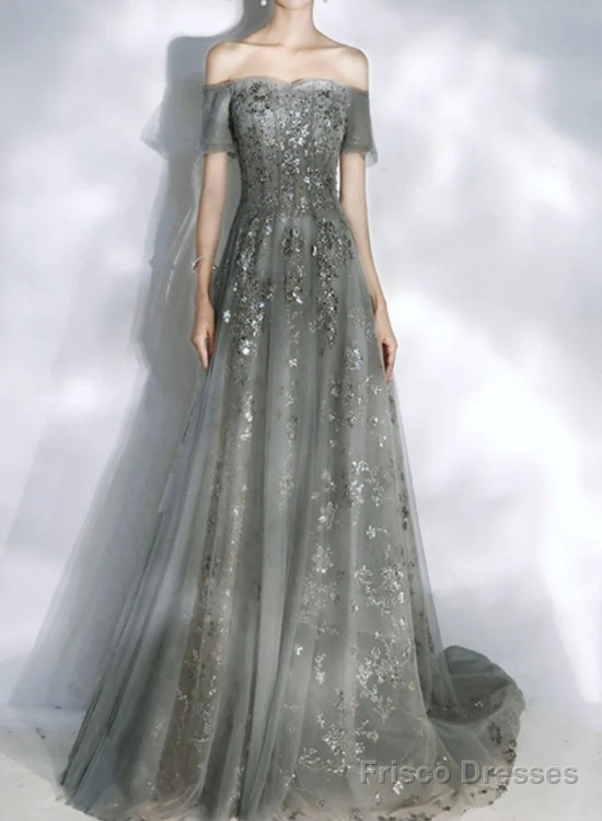 Beautiful Tulle Off Shoulder Prom Dress Lace-Up Evening Dress Gown, Grey Prom Dresses Main image