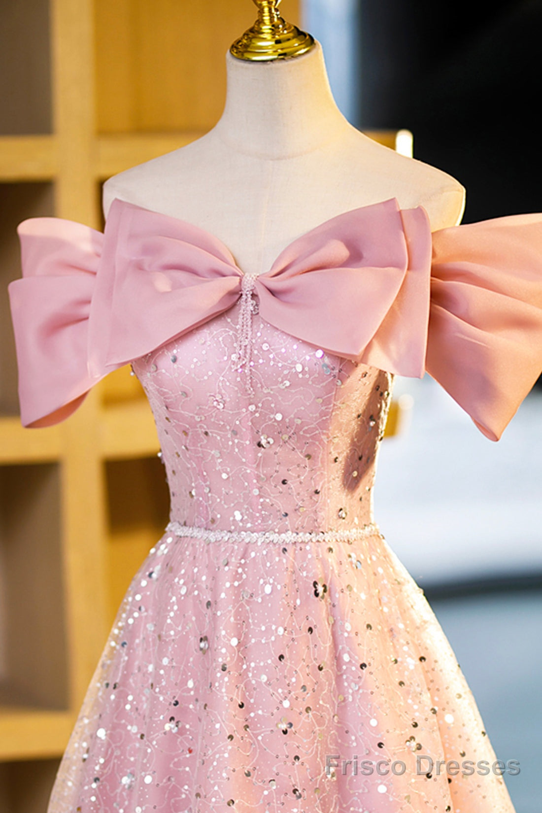 Beautiful Tulle Sequins Long Prom Dress, Pink Off Shoulder Evening Dress Secondary image