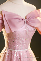 Beautiful Tulle Sequins Long Prom Dress, Pink Off Shoulder Evening Dress