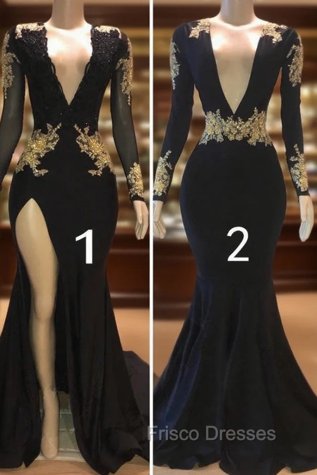 Beautiful V-Neck Long Sleevess Appliques Mermaid Floor-Length Formal Prom Dress