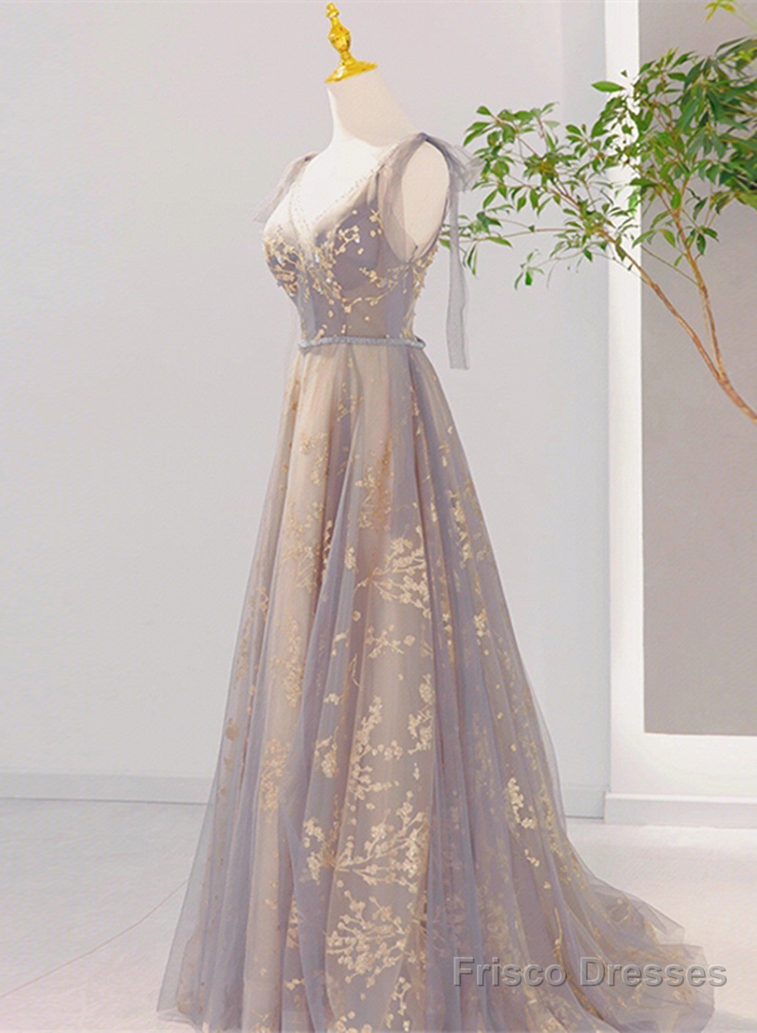 Beautiful V-Neckline Lace-Up Champagne And Grey Long Formal Dress, Tulle Prom Dress Secondary image