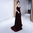 Beautiful V-Neckline Straps Wine Red Velvet Prom Dress, Long Party Dress