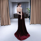 Beautiful V-Neckline Straps Wine Red Velvet Prom Dress, Long Party Dress
