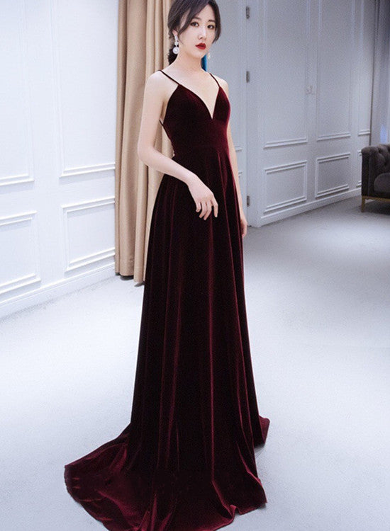 Beautiful V-Neckline Straps Wine Red Velvet Prom Dress, Long Party Dress Main image